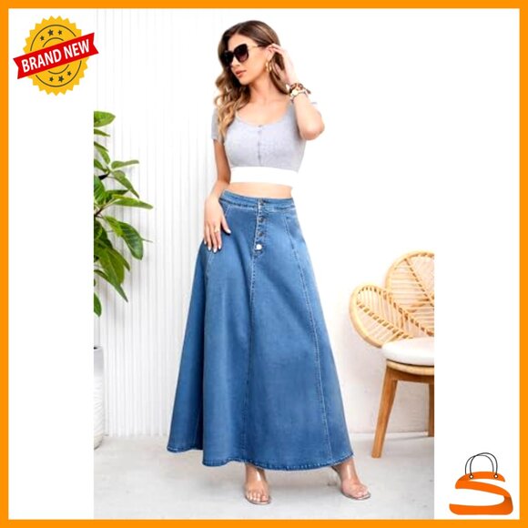 High Waisted Button Fly Flared Denim Maxi Skirt Pleated Swing A-Line - Picture 3 of 7